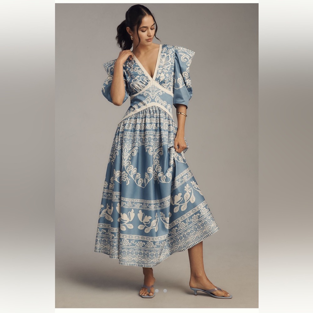 Farm Rio x Anthropologie Printed V-Neck Puff-Sleeve Maxi Dress